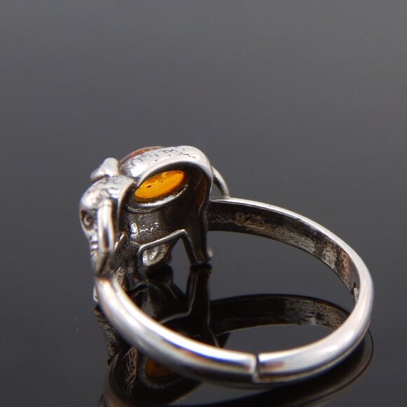 Natural Baltic Cognac Amber Adjustable Lucky Elephant Ring in S925 - Picture 4 of 5